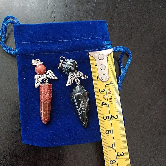 Lot of 2 Pendants - Red Jasper Snowflake Obsidian Silver Angel Wings Necklace - Picture 4 of 5